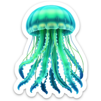 3D render of Jellyfish, bioluminescent deep sea style, glowing neon blue and green lights, dark background to contrast the glow, translucent organic textures. sticker