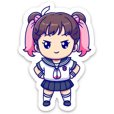 Adorable anime schoolgirl with pink twin tails and big eyes wearing sailor uniform, cute chibi style sticker