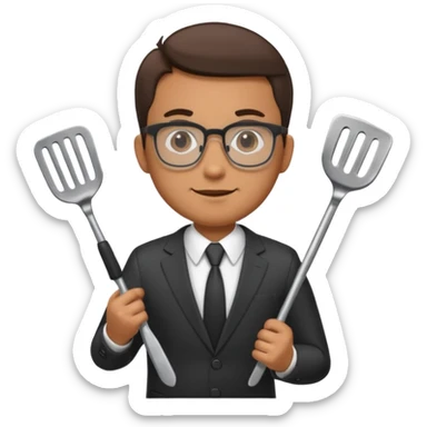 man with glasses wearing a suit and holding a grilling spatula sticker