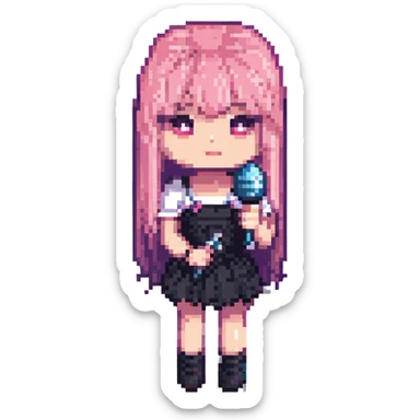 Blackpink Lisa as a pixel art character, cute and retro, holding a microphone sticker