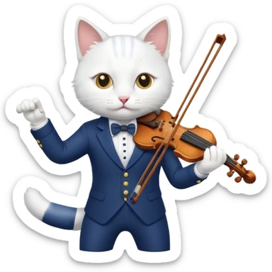 white cat play violin, wear navy suit sticker