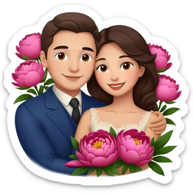 couple hug with warm smiles Latina girl and russian man elegant peonies  sticker