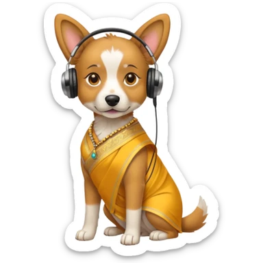 dog, saree dress with headphone, yellow sticker
