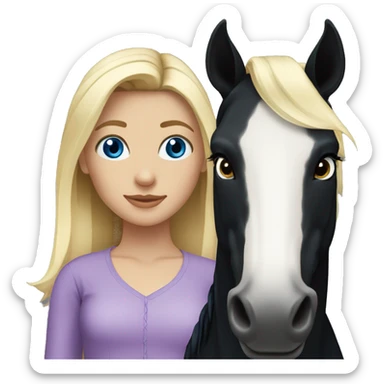 blonde girl with blue eyes and her black horse with black mane sticker