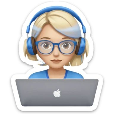create a blonde hair women with brown eyes, blue glasses and blue headphones working on a laptop wearing a brown top. sticker