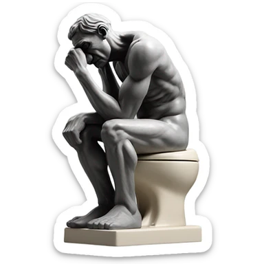 rodin sculpture the thinker but he's sitting on a toilet which is the same color as the man, and his head is resting forward on the top of his right hand sticker