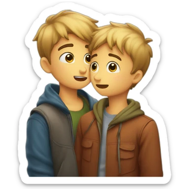 Boy whispering a secret to another. I want the emoji to show a boy with an intriguing expression, leaning towards another boy, appearing to be whispering something in his ear sticker