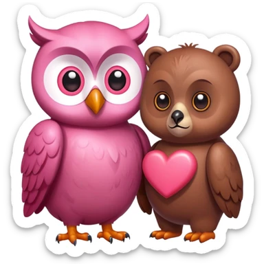 a pink owl in love with a bear, heart eyes, romantic sticker