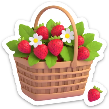 A basket of strawberries in the 3D iOS model. The basket is light brown with a white floral pattern and red stitching. The strawberries are red with green leaves. sticker