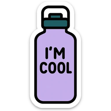 light purple STANLEY water bottle with I'M COOL written on it, minimalistic icon, focus on bottle shape and text sticker