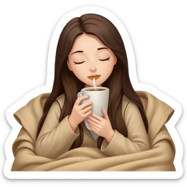 Brunette girl long hair inside a beige blanket sipping coffee eyes closed sticker