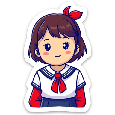Adorable Japanese high school girl in classic sailor uniform with red necktie sticker