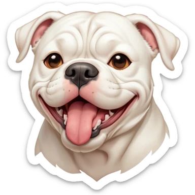 Cinematic Cute Yawning White American Bulldog Portrait Emoji, Head tilted slightly with a dramatic, wide-open yawn, short white fur with a velvety texture, floppy ears slightly drooping, round brown eyes barely open in drowsy contentment, Simplified yet irresistibly adorable features, highly detailed, glowing with a soft, cozy glow, high shine, relaxed yet expressive, stylized with a touch of whimsy, bright and endearing, soft glowing outline, capturing the essence of a sleepy yet affectionate pup, so drowsy it feels like it could stretch right out of the screen and curl up for a nap! sticker