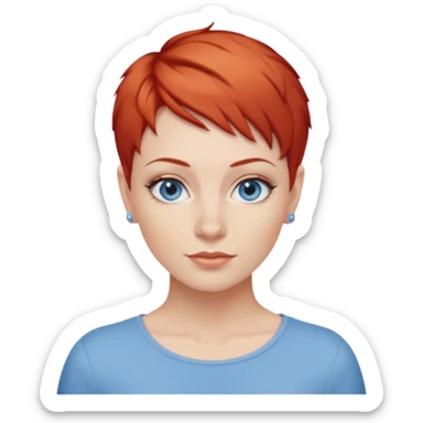 27 year old white woman, red hair, pixie cut, blue eyes sticker