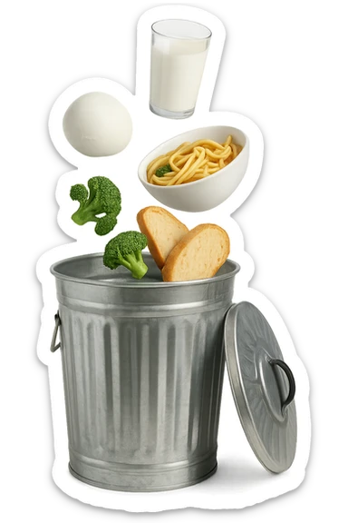 SECCHIO DELLA SPAZZATURA DENTRO CUI CADE UNA MOZZARELLA, UN BICCHIERE DI LATTE, UNA BOWL DI PASTA, QUALCHE BROCCOLO, QUALCHE FETTINA DI PANE sticker