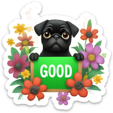 Black pug , surrounded by flowers, holding a green sign that says “good luck”  sticker