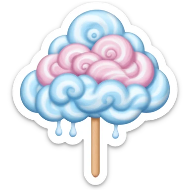 cotton candy on a paper stick, fluffy, pastel blue, swirling cloud-like texture sticker