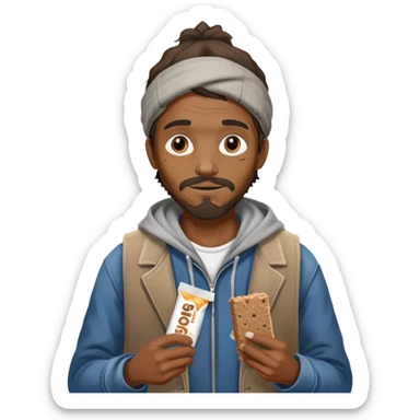 Generate a homeless man asking for money with a protein bar in his hand sticker