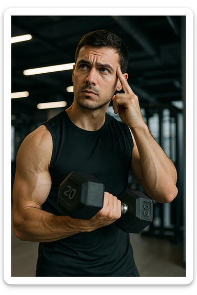 sporty man in gym inspired by reference photo, holding dumbbell, mentally calculating exercise intensity, thoughtful expression, modern environment, vertical format sticker