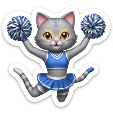 A sleek grey cat cheerleader twirling pom-poms with confident energy. sticker