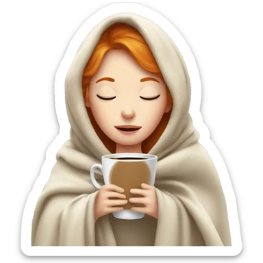 ginger girl with blanket over her head with a coffee and eyes closed sticker