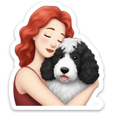 black-and-sheepadoodle-having-a-really-big-cuddle-with-white-lady-with-red-long-hair sticker