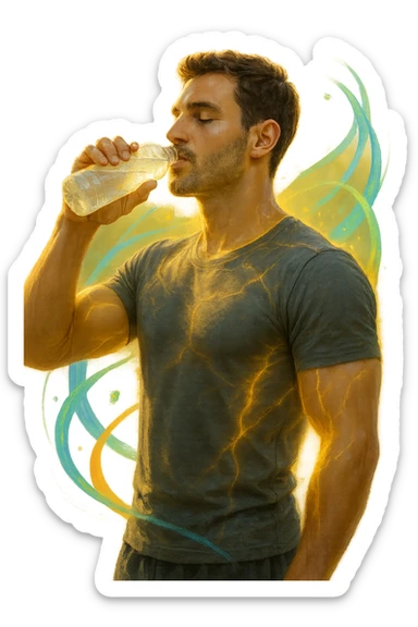 Uomo atletico sui 30 anni, al mattino presto, mentre beve una bevanda trasparente ricca di elettroliti da una borraccia. Il suo corpo è illuminato da una luce naturale dorata e mostra una leggera aura energetica attorno ai muscoli, simbolo di rigenerazione e recupero. Espressione rilassata e vitale, pelle idratata e luminosa. Intorno a lui flussi leggeri e colorati (blu, verde, arancio) rappresentano il bilanciamento degli elettroliti: sodio, potassio, magnesio. Ambiente naturale o cucina moderna minimalista. Atmosfera positiva, pulita e rinvigorente. sticker