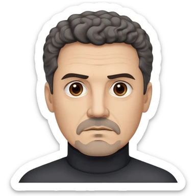 Man in his 50s with light brown complexion. Strong square jaw. Stern dark eyes with intense gaze. Thick eyebrows in a focused expression. Black goatee with gray streaks. Short curly dark hair with receding hairline. No smile, authoritative look. Wearing a black turtleneck. sticker