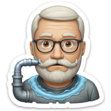 50 year old bearded and moustached white male wearing glasses. His mouth has been cast into a frame made of concrete and out of his mouth is flowing sewer water connected to a drain pipe. He is proud and thinks his right, while being slightly angry because the joke is on him. sticker
