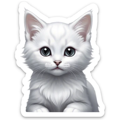 Cinematic Kitten, Ultra realistic 32k HD, Breathtaking piece of art, rim lighting, hauntingly beautiful art, mostly greyscale, Balanced features, highly detailed digital artwork, glowing with silver light, glowing, high shine, deviant adoptable, highly detailed clothing, remembrance, a painting of white silver, fanciful, enchanting, ghostly, embodying the essence of both reality and fantasy, dreamy, dreamy glow, optical illusion, immaculate composition, complex pose, air composition. The image is so lifelike that it feels as though it could leap off the canvas at any moment sticker