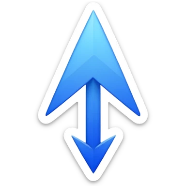 A sleek and elegant upwards arrow icon in a single, vibrant shade of cobalt blue (#0047AB). The style is minimalist 3D with soft gradient shading. The arrow is symmetrical, has a sharp but refined point, and its body is fluid and modern. The background is transparent. sticker