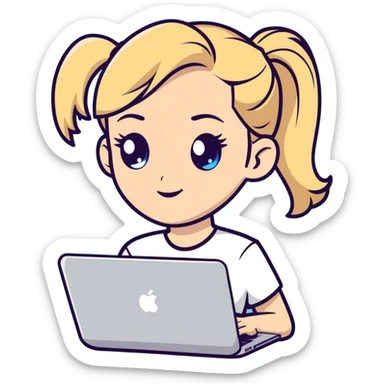 Blonde woman ponytail blue eyes with MacBook sticker