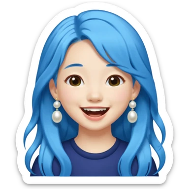 laughing Asian girl, long blue hair, pearl hair clip, nature lover sticker