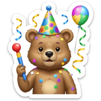 Partying bear cub with confetti and party blower sticker