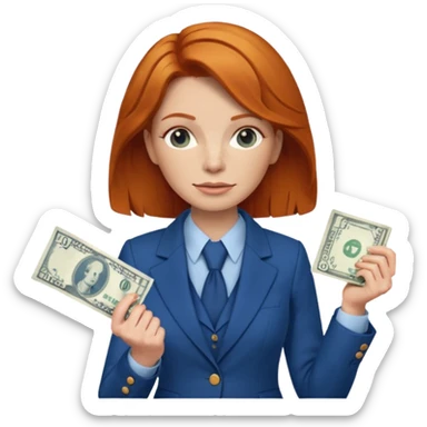 ginger hair Woman wearing blue suit holding dolar sticker