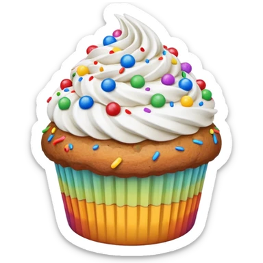 muffin topped with a swirl of whipped cream frosting and rainbow sprinkles sticker