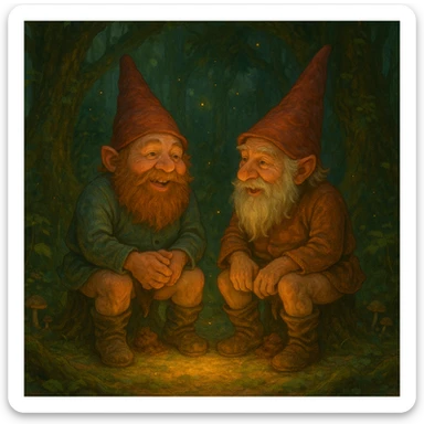 magical realism style, two gnomes sitting next to each other in a forest, talking while making a dump, whimsical, glowing light, detailed, ghibli style sticker