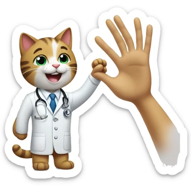 happy cat giving a veterinarian a high five sticker