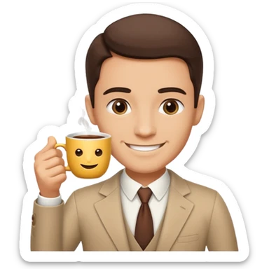 Generate boss image with cup of tea in hand and message as "Coming?" sticker