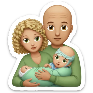 Un hombre calvo de ojos marrones con su mujer rubia de pelo rizado y ojos verdes sosteniendo un bebé niño de pelo rizado moreno y de ojos marrón verdoso sticker