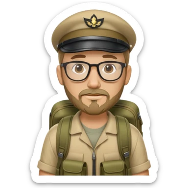 adventurer with goatee beard (no beard on cheeks), short hair, glasses, backwards military tan cap and backpack sticker