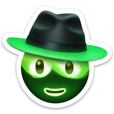 😳 with a green glowing face, wearing a black fedora hat sticker
