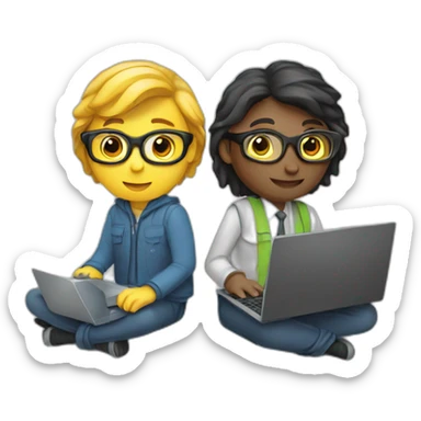 two IT nerds working on a laptop sticker