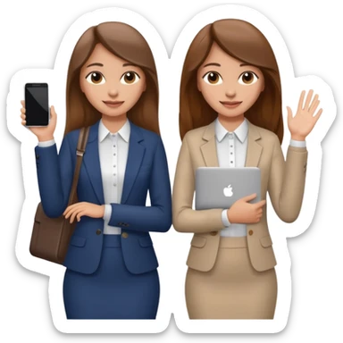 

two brown haired girls, looking professional maybe leaned on each others back and looking forward and waving with long hair and one girl can hold lap top another one can hold the phone, professional clothes, more stylish

 sticker