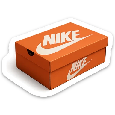 realistic Nike shoe box, iconic orange color, simple branding, realistic proportions, isolated on transparent background sticker