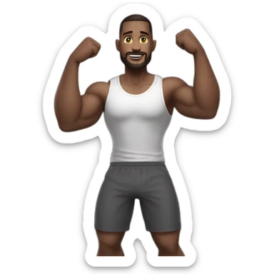 Full height realistic Actively gesturing with hands Pale skinned Fit Man With the biceps and brown hair in dark gray Sleeveless Mike, black oversize sports shorts, watch and white Sneakers sticker