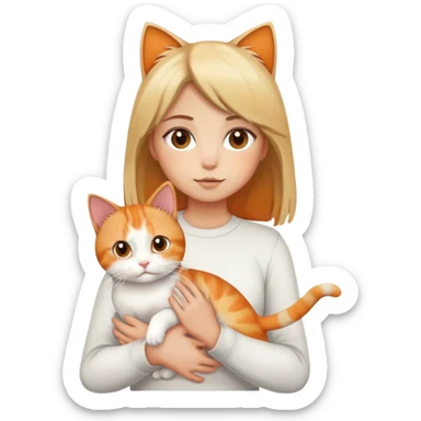 Girl with light brown and blonde hair holding a white, back and orange calico cat sticker