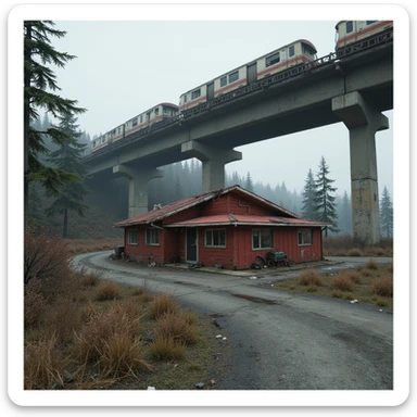  a screenshot of a location in a videogame  the image of the scene consists of:  [above-ground train freeway partially collapsed], a red 1980's construction wooden motel painted red, surrounded by war-torn pollution wreckage, wooded area sticker