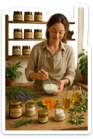 A realistic, high-quality photo of a small artisan skincare laboratory in Italy, with wooden shelves displaying beautifully packaged glass jars of natural creams made with herbal and botanical extracts, olive oil, and essential oils, clearly labeled ‘100% Natural’ and ‘Artisan Made in Italy’. The scene includes a bright, sunlit rustic workspace with plants, fresh lavender, rosemary, calendula flowers, and olive branches on the wooden counter, symbolizing purity and nature. A female artisan in a linen apron is carefully mixing creams in a glass bowl, smiling softly. The environment feels warm, authentic, and eco-friendly, emphasizing the concept of handcrafted skincare without synthetic chemicals sticker
