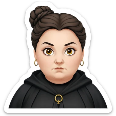 Alecto Carrow in harry potter, a woman fat, knot bun hair, look evil, black cloak sticker